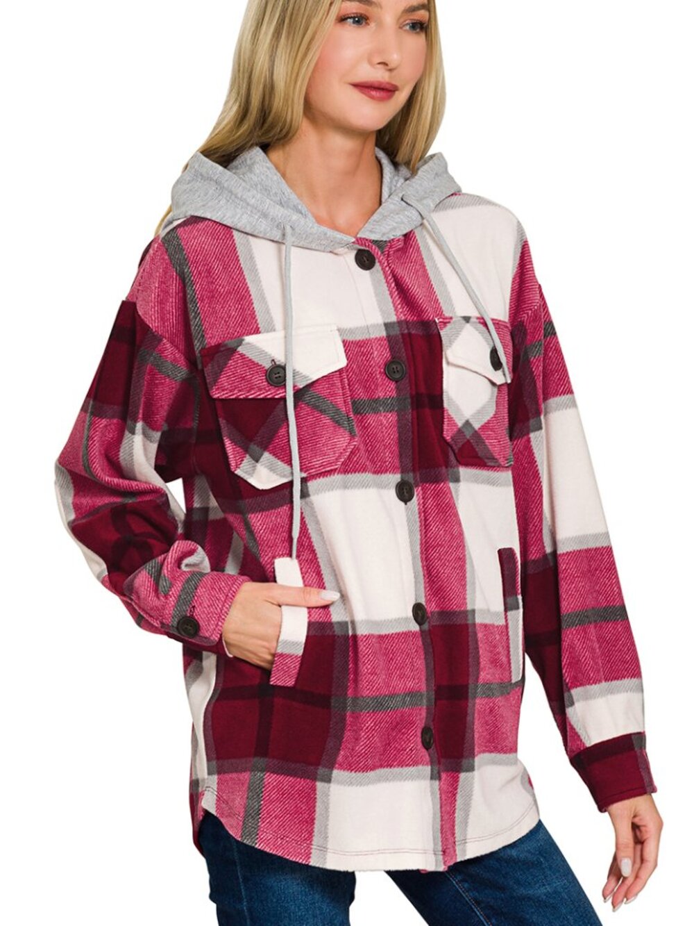 Zenana CABNERNET Plaid Drawstring Hooded Fleece Shacket NWT